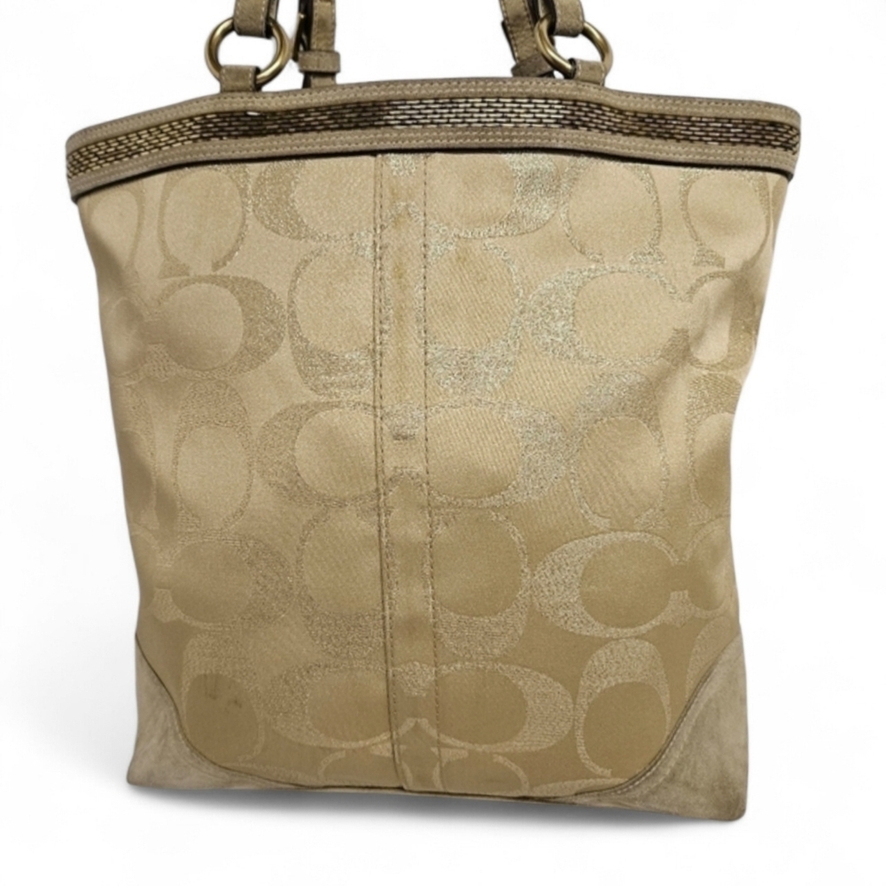 Coach Signature F06J-10390 Beaded Tote Bag In Canvas And Suede In Gold And Tan - Picture 8 of 15
